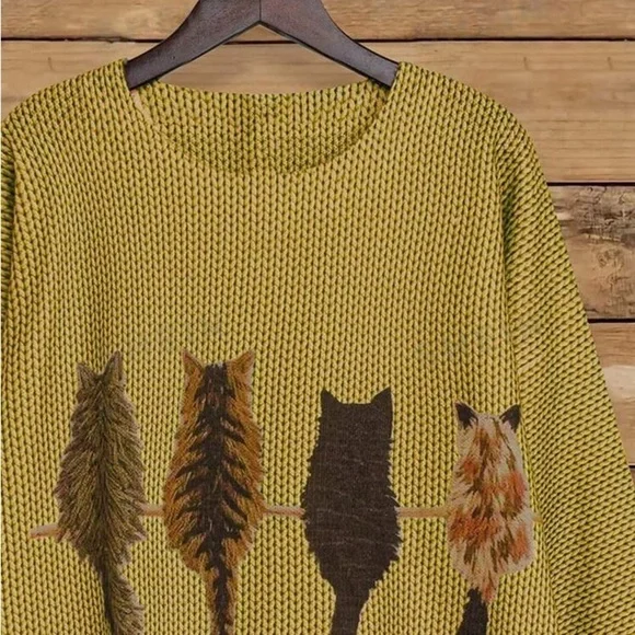 Cat Pattern Round Neck Long Sleeve Casual embroidered Pullover Sweater - Picture 3 of 4